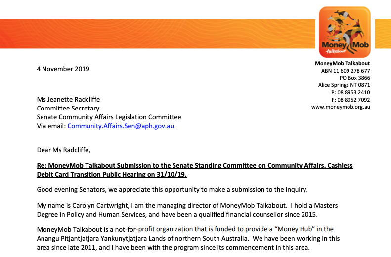 Submission made to the Senate Community Affairs Committee on Cashless Debit Cards